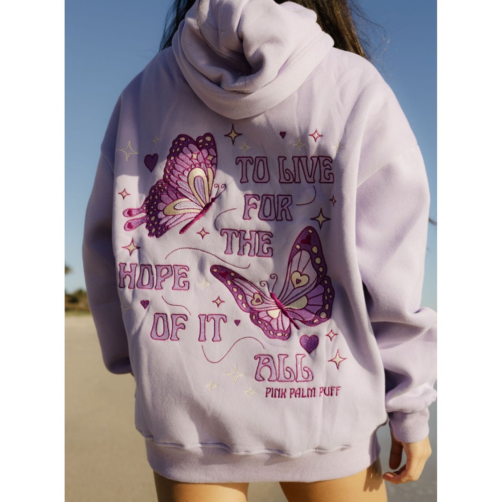 Pink Palm Puff Hoodie Womens Embroidered Butterflies Beachy Preppy Size Small